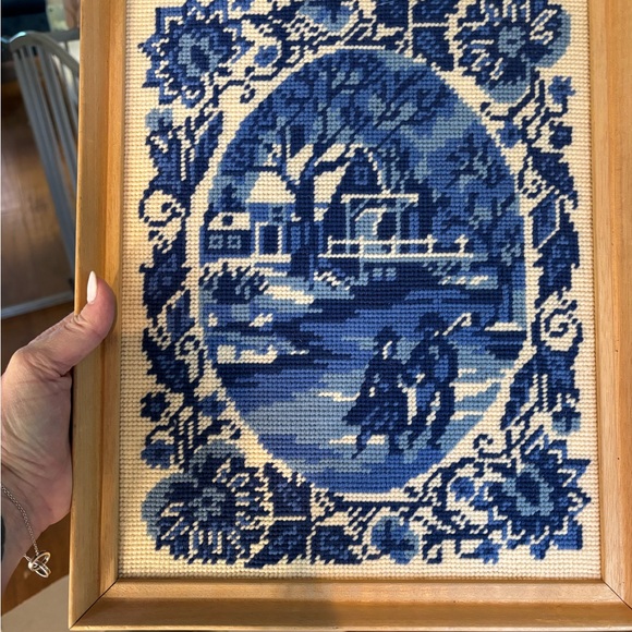 Other - Vintage Blue Cross-Stitch Scenic Winter Art in Wooden Frame
